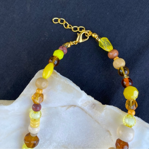 Amber Waves Brown & Yellow Beaded Necklace Mixed Beads Evil Eye Wood Glass Gold - Picture 5 of 9